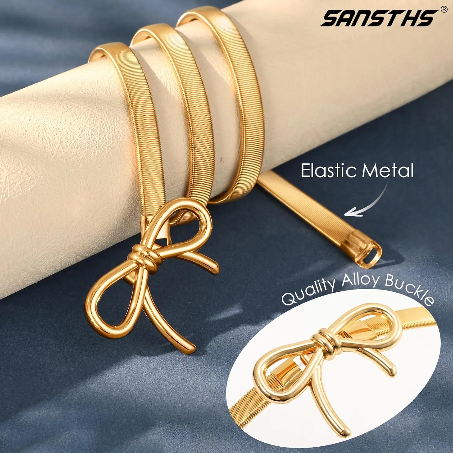 SANSTHS Womens Elastic Thin Metal Waist Belt, Stretch Chain Belt for Dresses, Skinny Rhinestone Adjustable Waistband