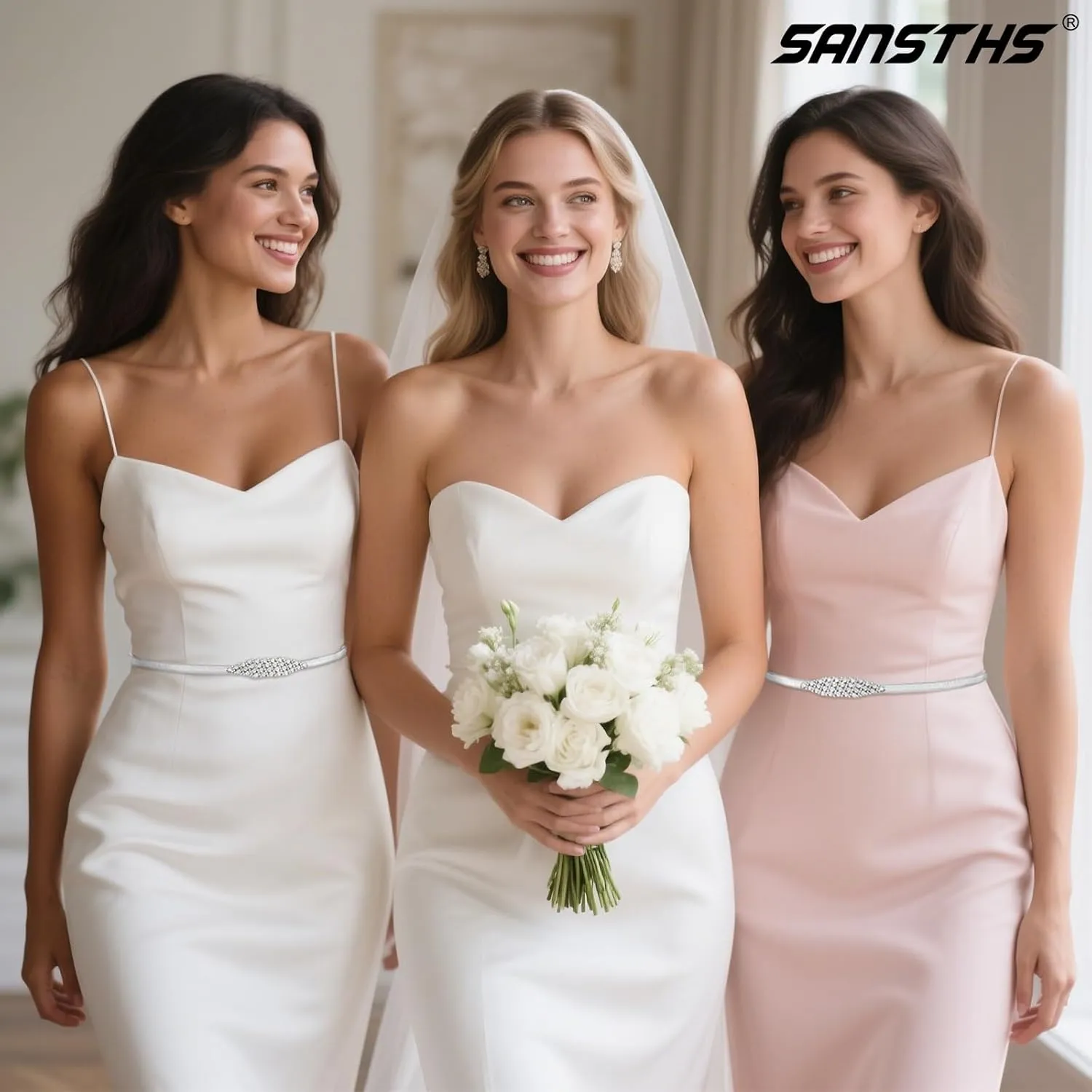 SANSTHS Womens Elastic Thin Metal Waist Belt, Stretch Chain Belt for Dresses, Skinny Rhinestone Adjustable Waistband