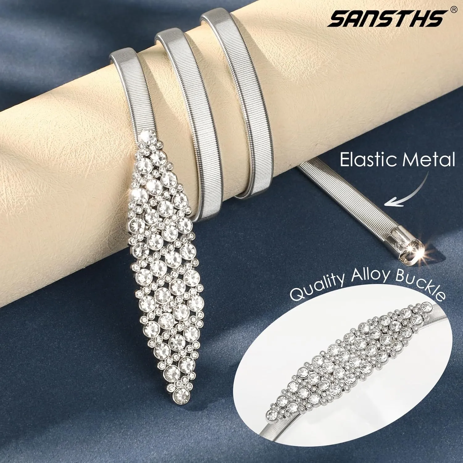 SANSTHS Womens Elastic Thin Metal Waist Belt, Stretch Chain Belt for Dresses, Skinny Rhinestone Adjustable Waistband