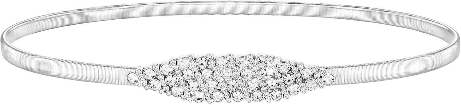 SANSTHS Womens Elastic Thin Metal Waist Belt, Stretch Chain Belt for Dresses, Skinny Rhinestone Adjustable Waistband