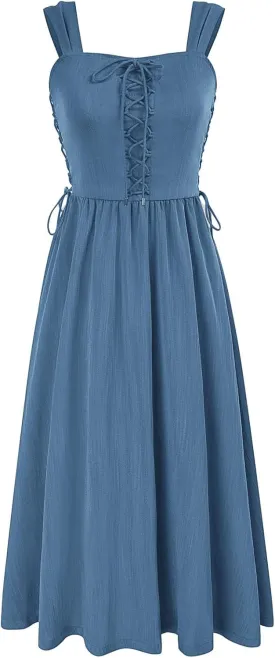 Scarlet Darkness Women Renaissance Summer Midi Dress Cottagecore Sleeveless Lace Up Dress