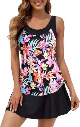 SEAFORM Women's Two-Piece Tankini Swimsuits Tummy Control Bathing Suits False Two-Piece Tankini Top with Swim Dress for Women