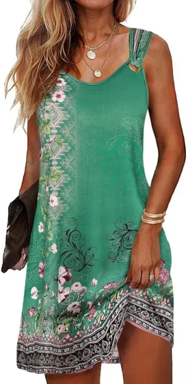 Sherosa Casual Summer Sleeveless V Neck Sundress Loose Beach Swimsuit Cover Up Floral Mini Dress with PocketsS-XXL