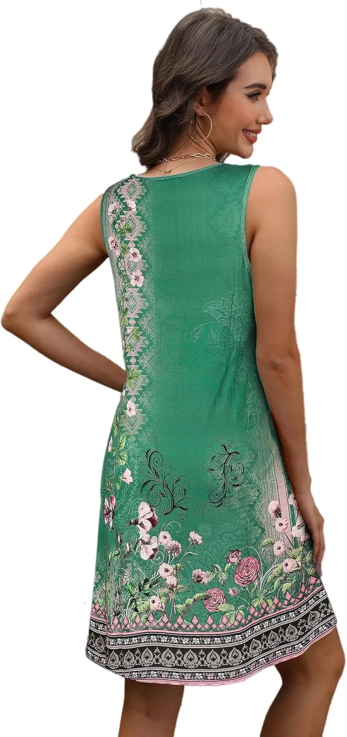 Sherosa Casual Summer Sleeveless V Neck Sundress Loose Beach Swimsuit Cover Up Floral Mini Dress with PocketsS-XXL