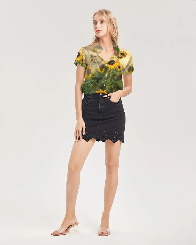 Sunflower Sunshine Women's Short Sleeve Button Up