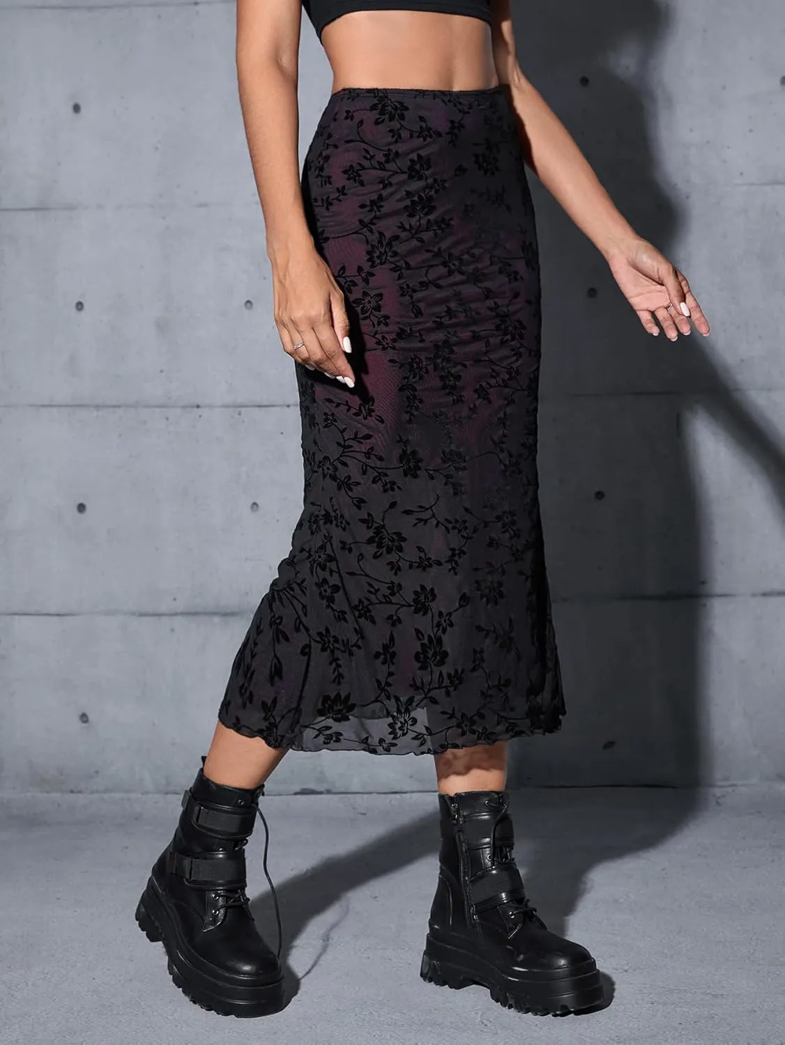 Verdusa Women's Lettuce Trim High Waist Mesh Fishtail Bodycon Long Skirt