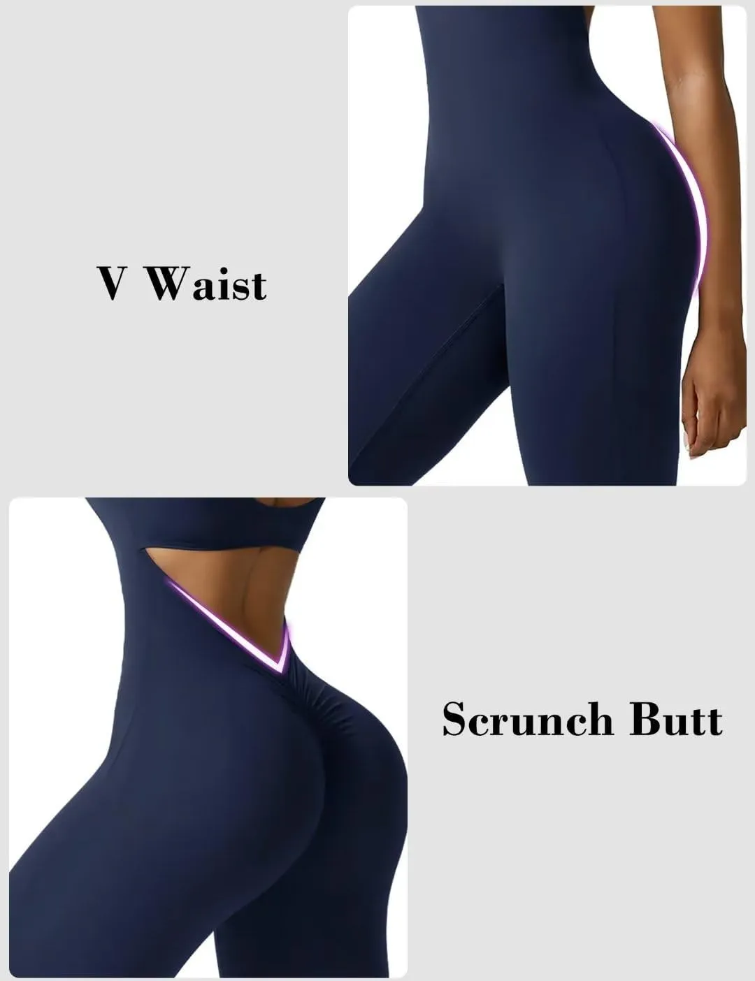 Vertvie Sleeveless Flare Jumpsuits for Women Sexy Backless Bodycon V Back Scrunch Butt Yoga Rompers Seamless Workout Bodysuit