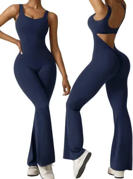 Vertvie Sleeveless Flare Jumpsuits for Women Sexy Backless Bodycon V Back Scrunch Butt Yoga Rompers Seamless Workout Bodysuit