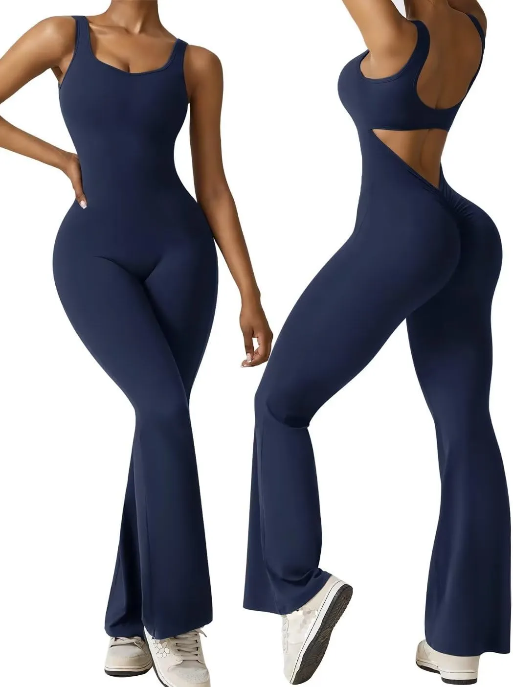 Vertvie Sleeveless Flare Jumpsuits for Women Sexy Backless Bodycon V Back Scrunch Butt Yoga Rompers Seamless Workout Bodysuit