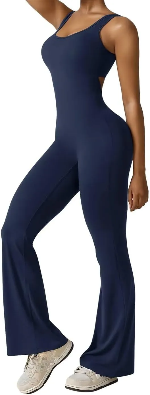 Vertvie Sleeveless Flare Jumpsuits for Women Sexy Backless Bodycon V Back Scrunch Butt Yoga Rompers Seamless Workout Bodysuit