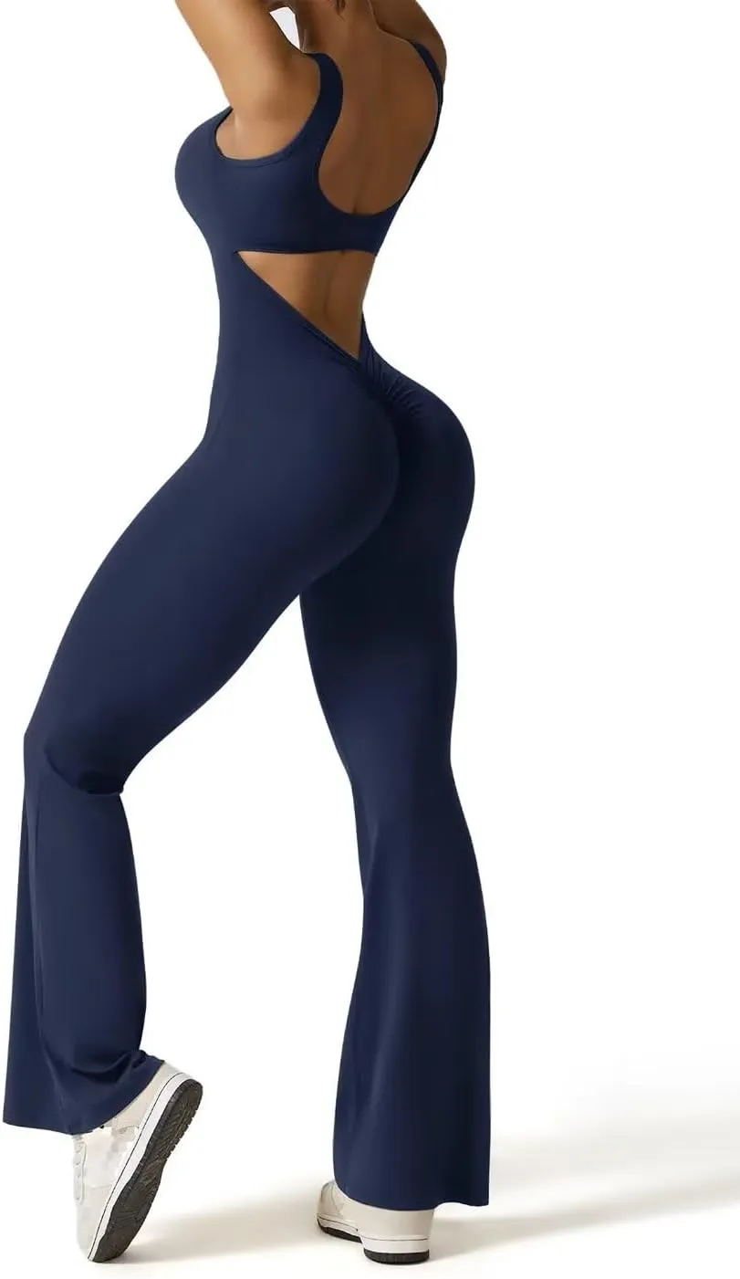 Vertvie Sleeveless Flare Jumpsuits for Women Sexy Backless Bodycon V Back Scrunch Butt Yoga Rompers Seamless Workout Bodysuit