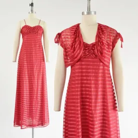 Vintage 70s Crimson Red Maxi Dress Empire Waist Long Dress Spaghetti Strap A-Line Dress with Cropped Bolero Jacket size XS