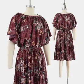 Vintage 70s Plum Floral Blouson Accordion Pleated Boho Dress with Belt size XS S