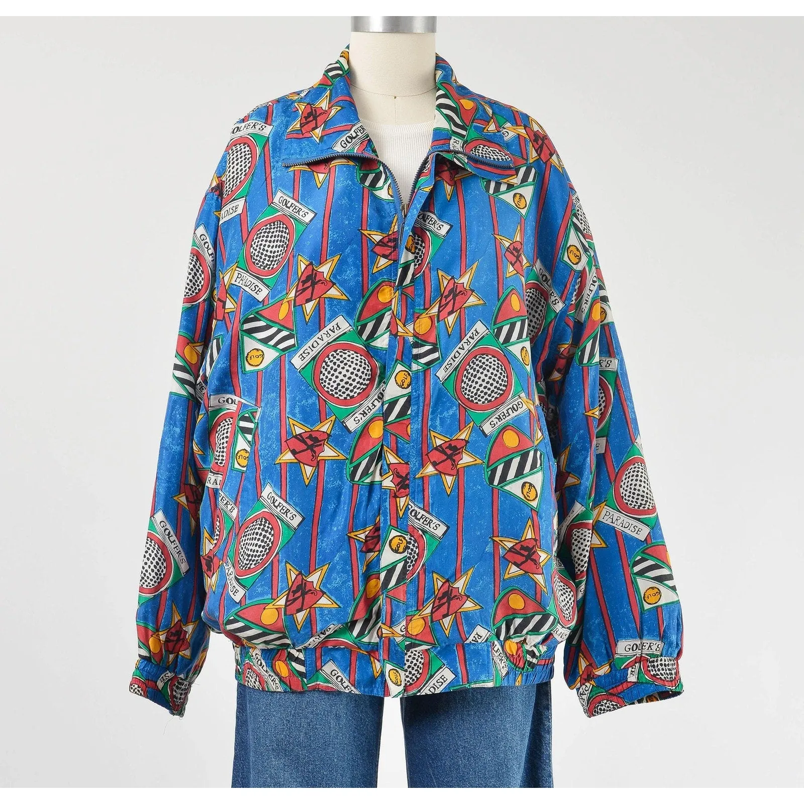 Vintage 90s Silk Golfer's Paradise Jacket | Golf Print Silk Bomber Jacket Unisex size L XL