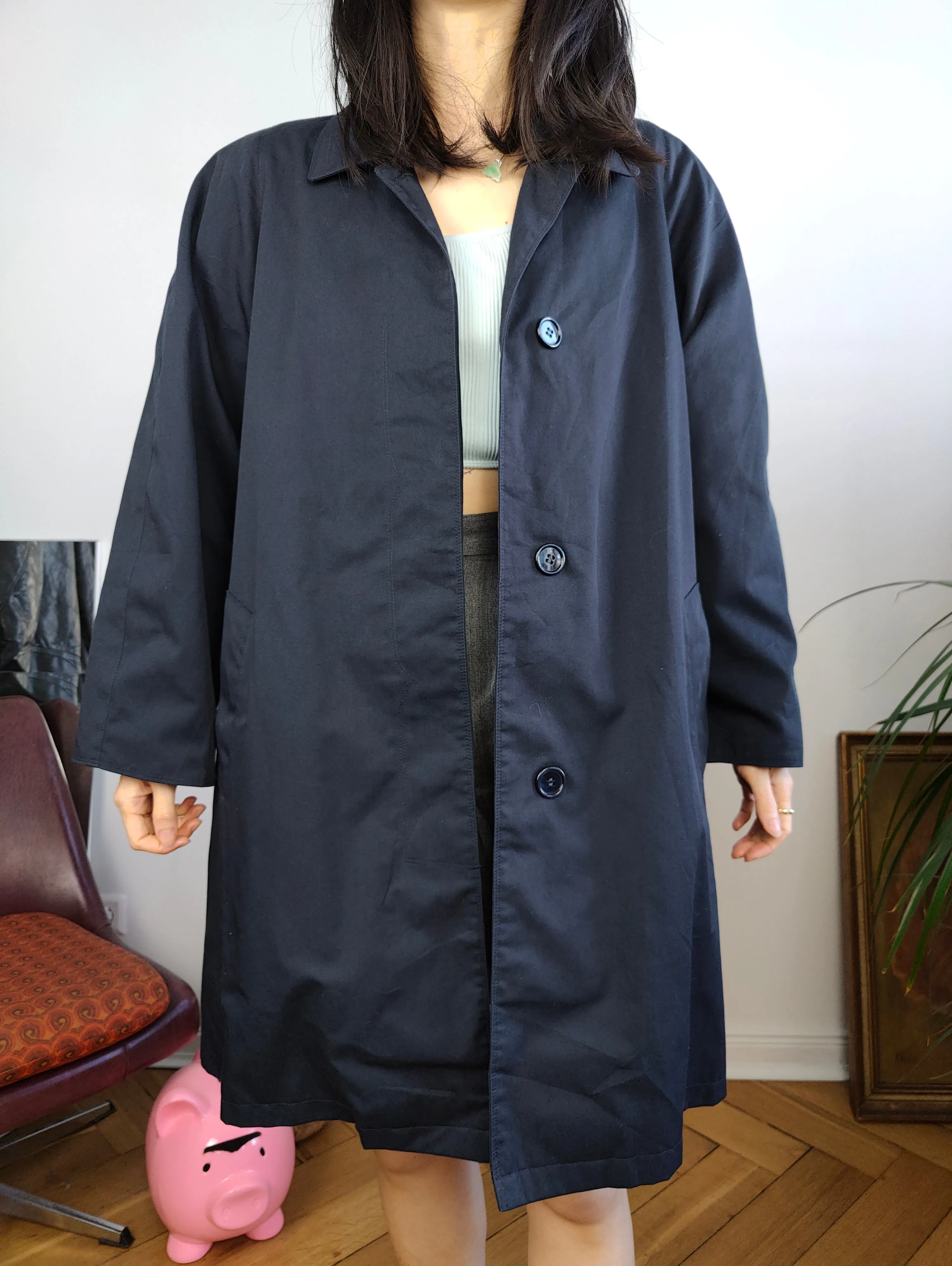 Vintage navy blue trench coat short midi light spring summer women M