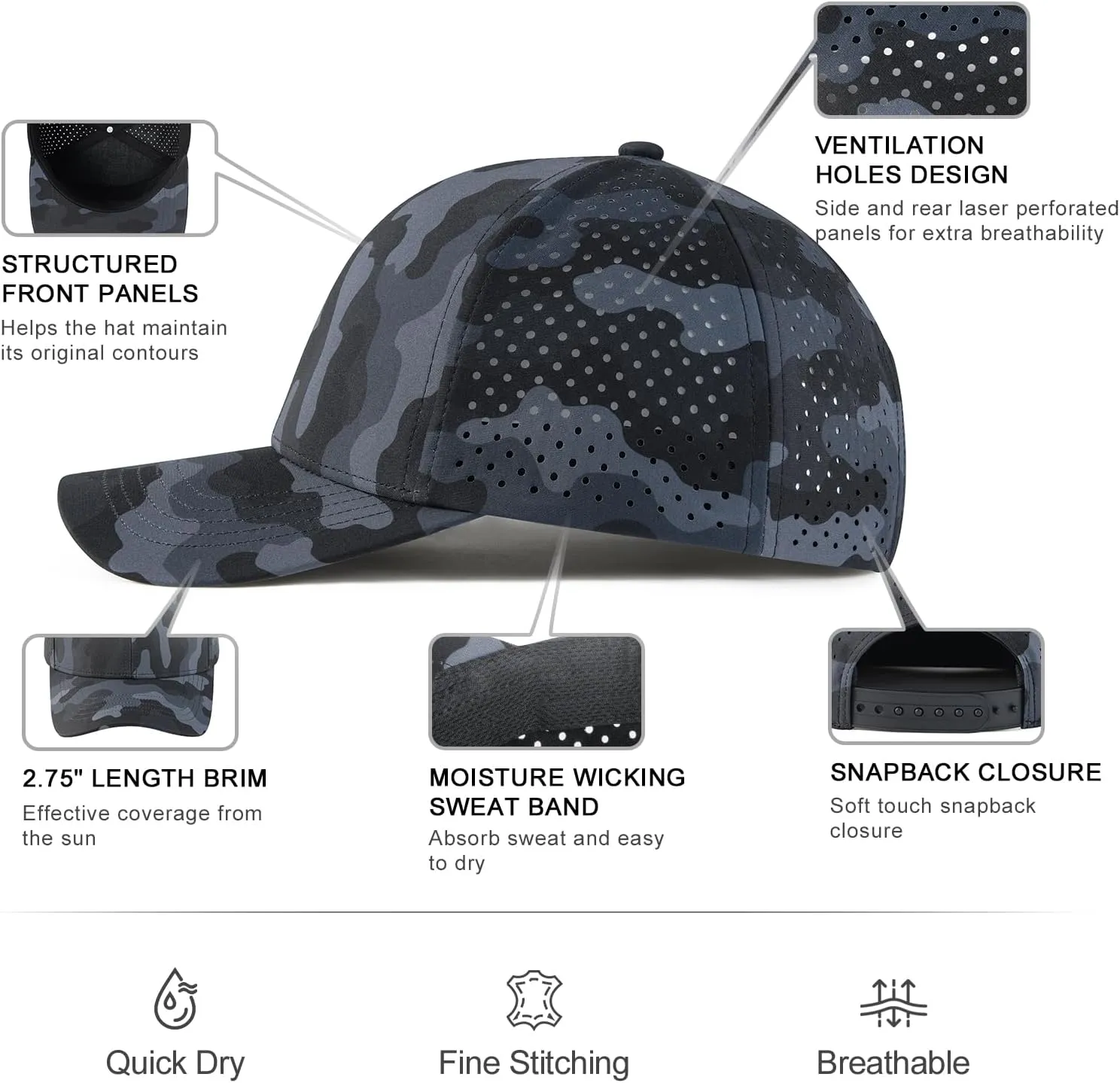 VOBOOM Men Quick Dry Baseball Cap Laser Cut Mesh Ball Curved Brim Snapback Hat