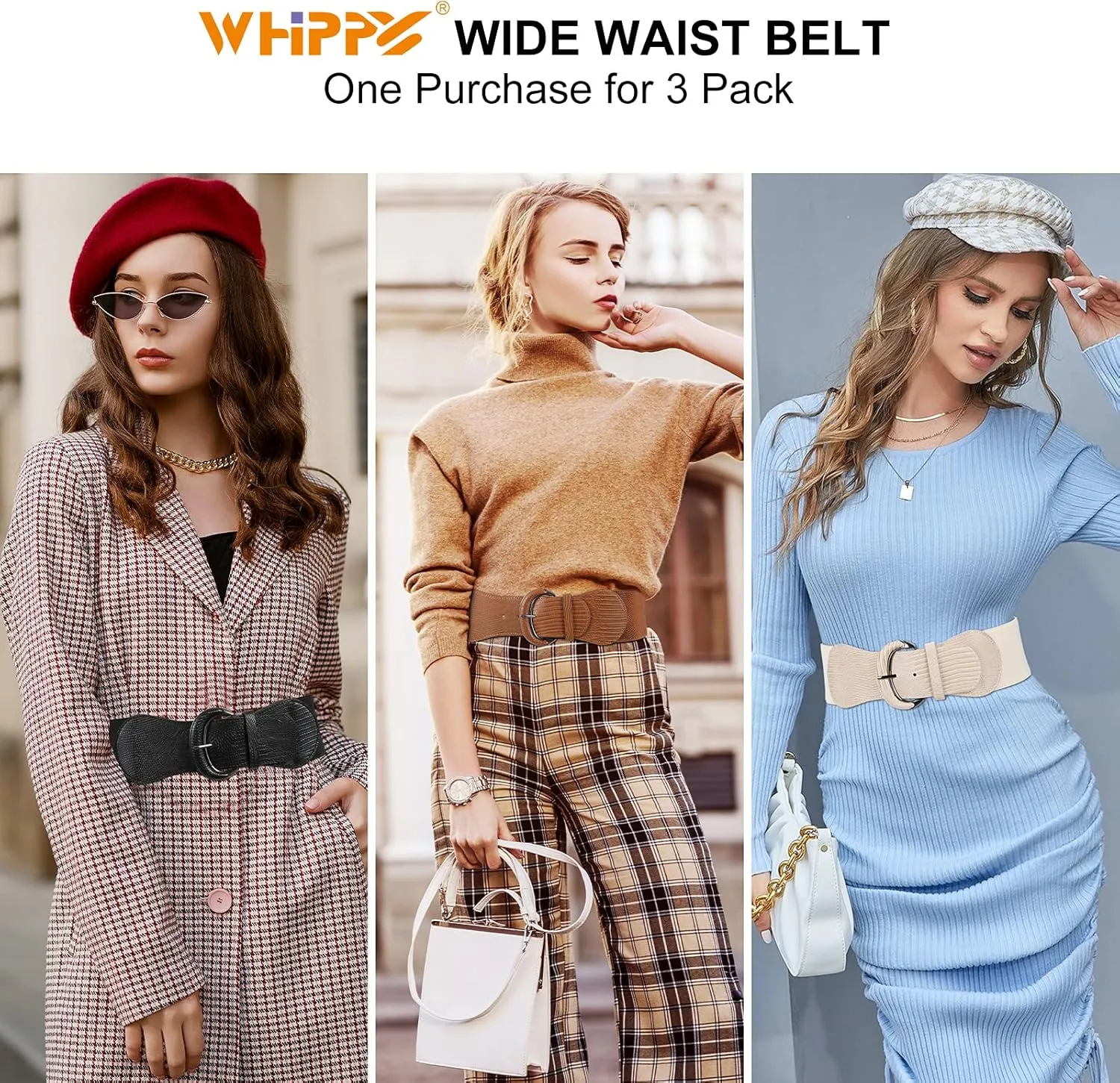 WHIPPY 3 Pack 4 Pack Women Wide Elastic Waist Belt Vintage Stretchy Belt Waistband for Ladies Dresses