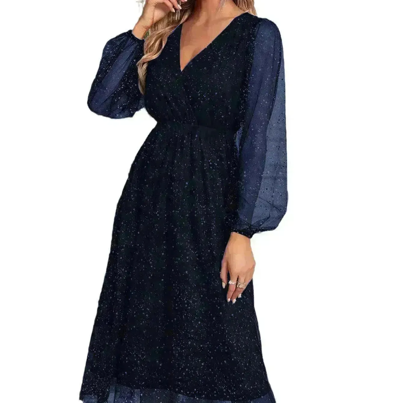 Women Fashion Stitching Mesh V-Neck Midi Dress