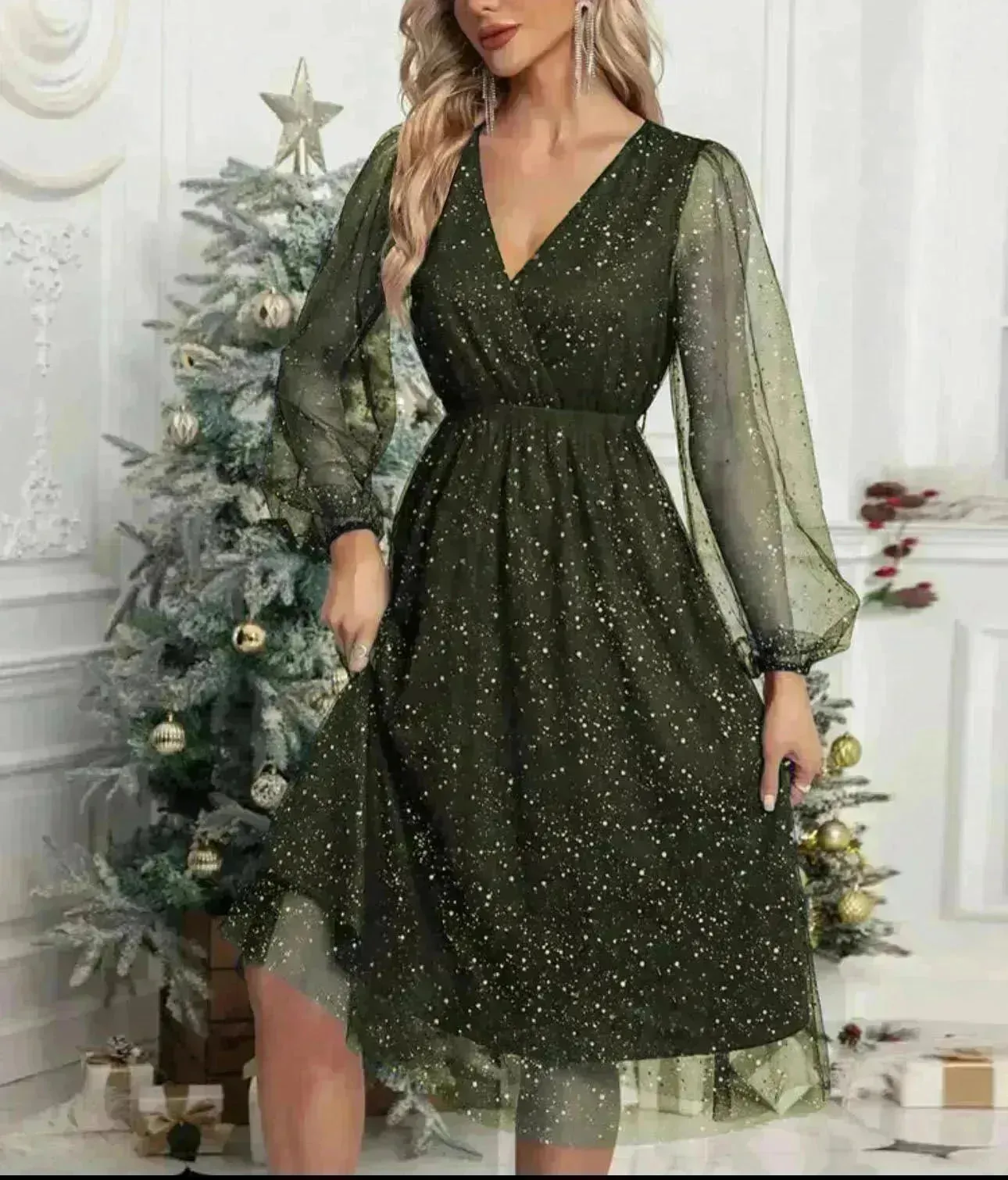 Women Fashion Stitching Mesh V-Neck Midi Dress