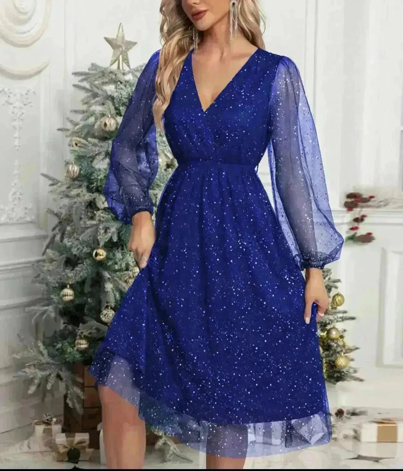 Women Fashion Stitching Mesh V-Neck Midi Dress