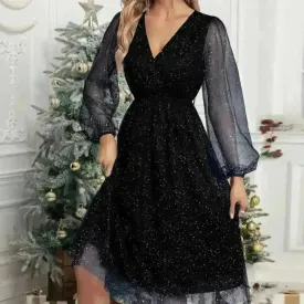 Women Fashion Stitching Mesh V-Neck Midi Dress