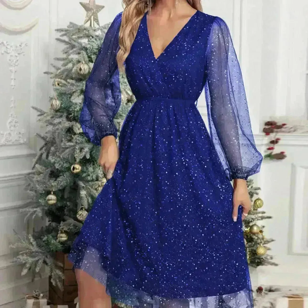Women Fashion Stitching Mesh V-Neck Midi Dress