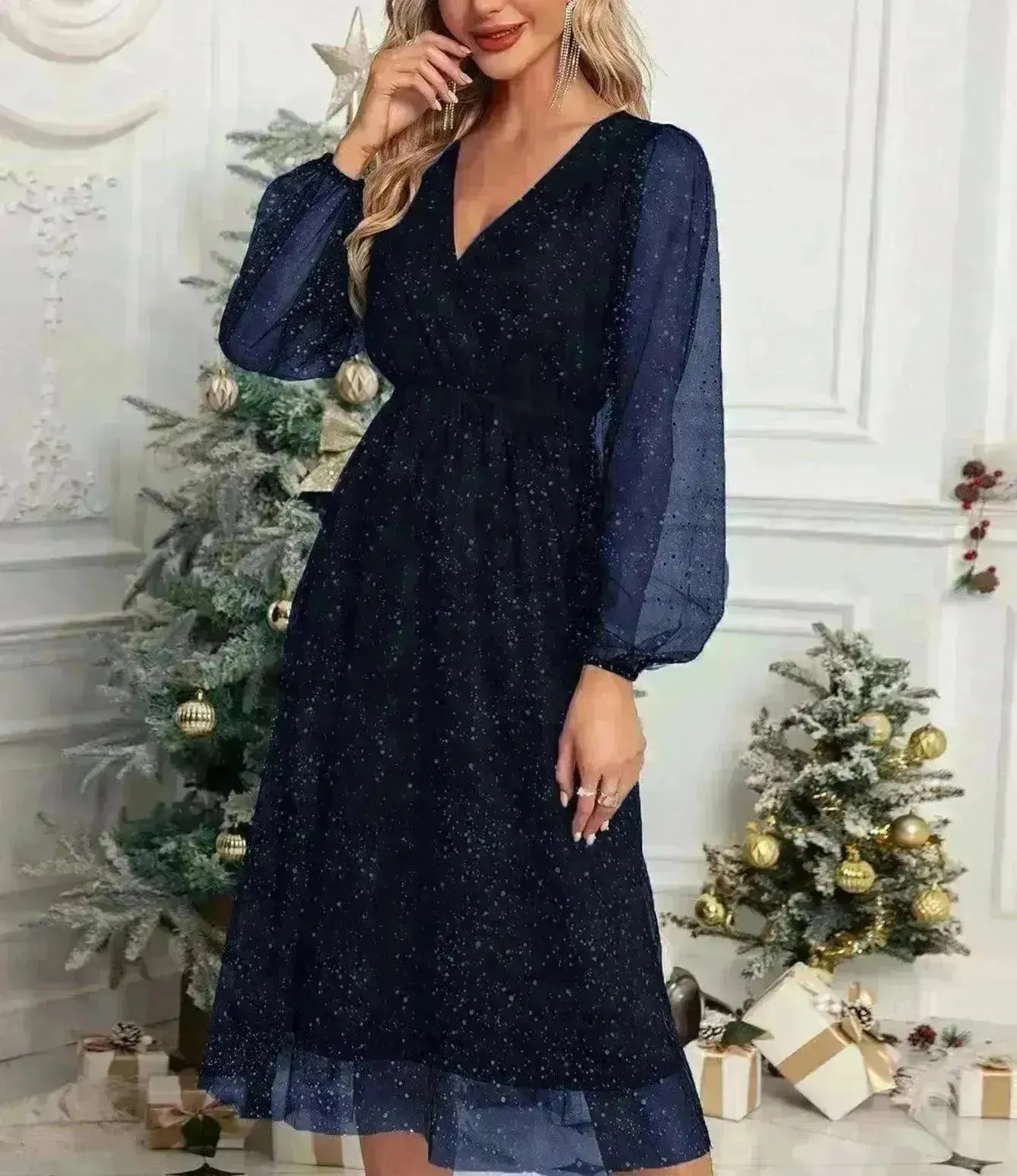 Women Fashion Stitching Mesh V-Neck Midi Dress