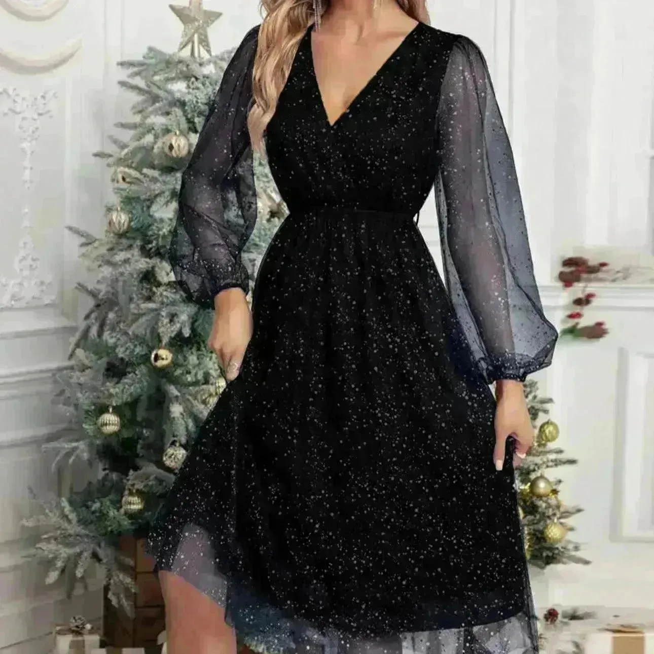 Women Fashion Stitching Mesh V-Neck Midi Dress
