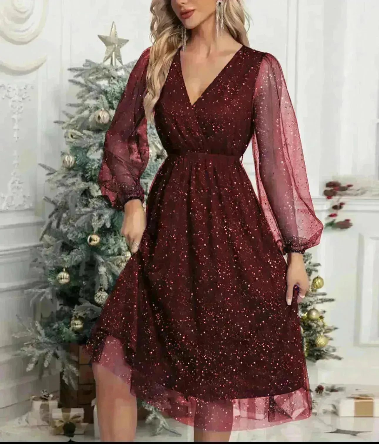 Women Fashion Stitching Mesh V-Neck Midi Dress