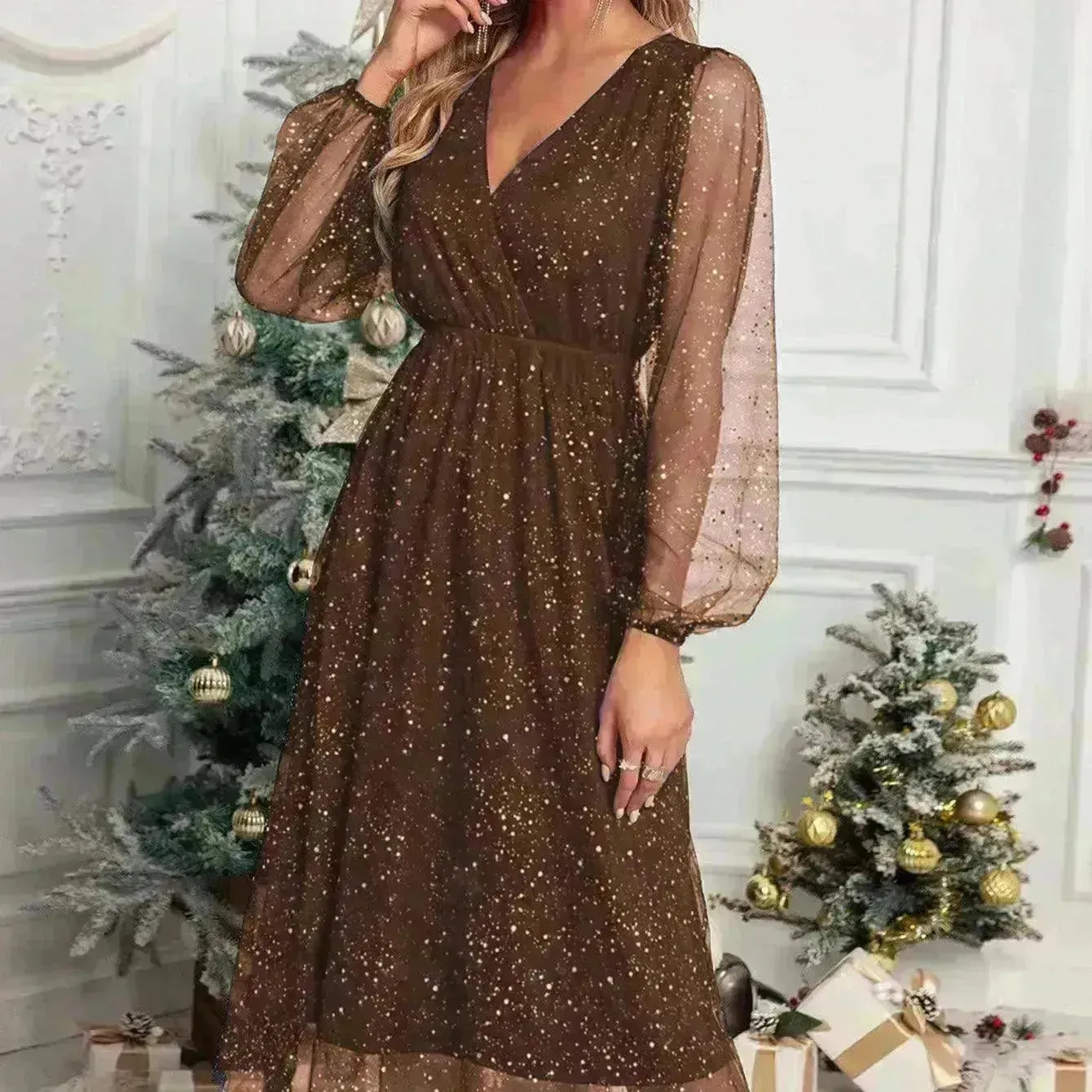 Women Fashion Stitching Mesh V-Neck Midi Dress