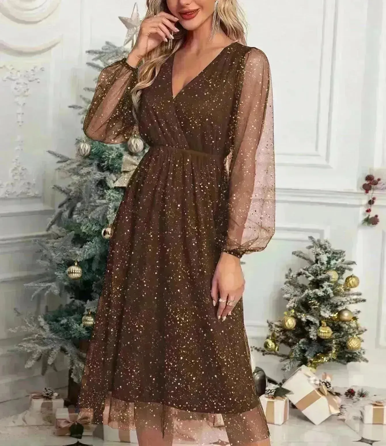 Women Fashion Stitching Mesh V-Neck Midi Dress