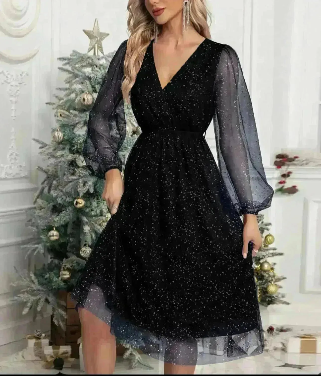 Women Fashion Stitching Mesh V-Neck Midi Dress