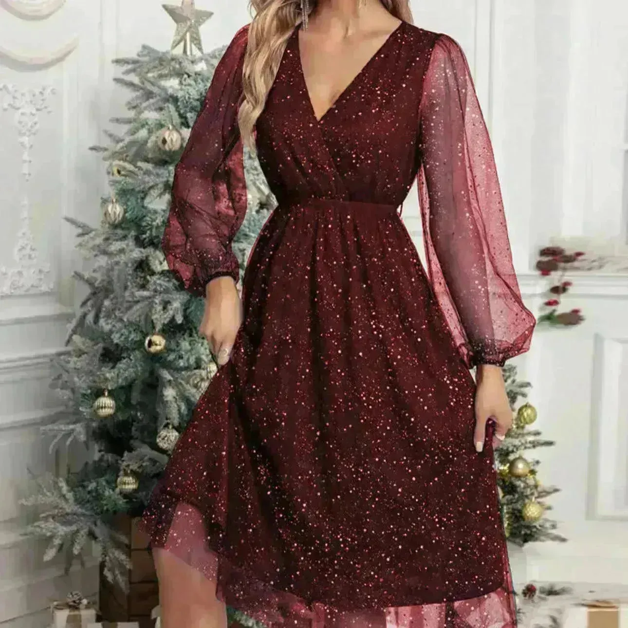 Women Fashion Stitching Mesh V-Neck Midi Dress