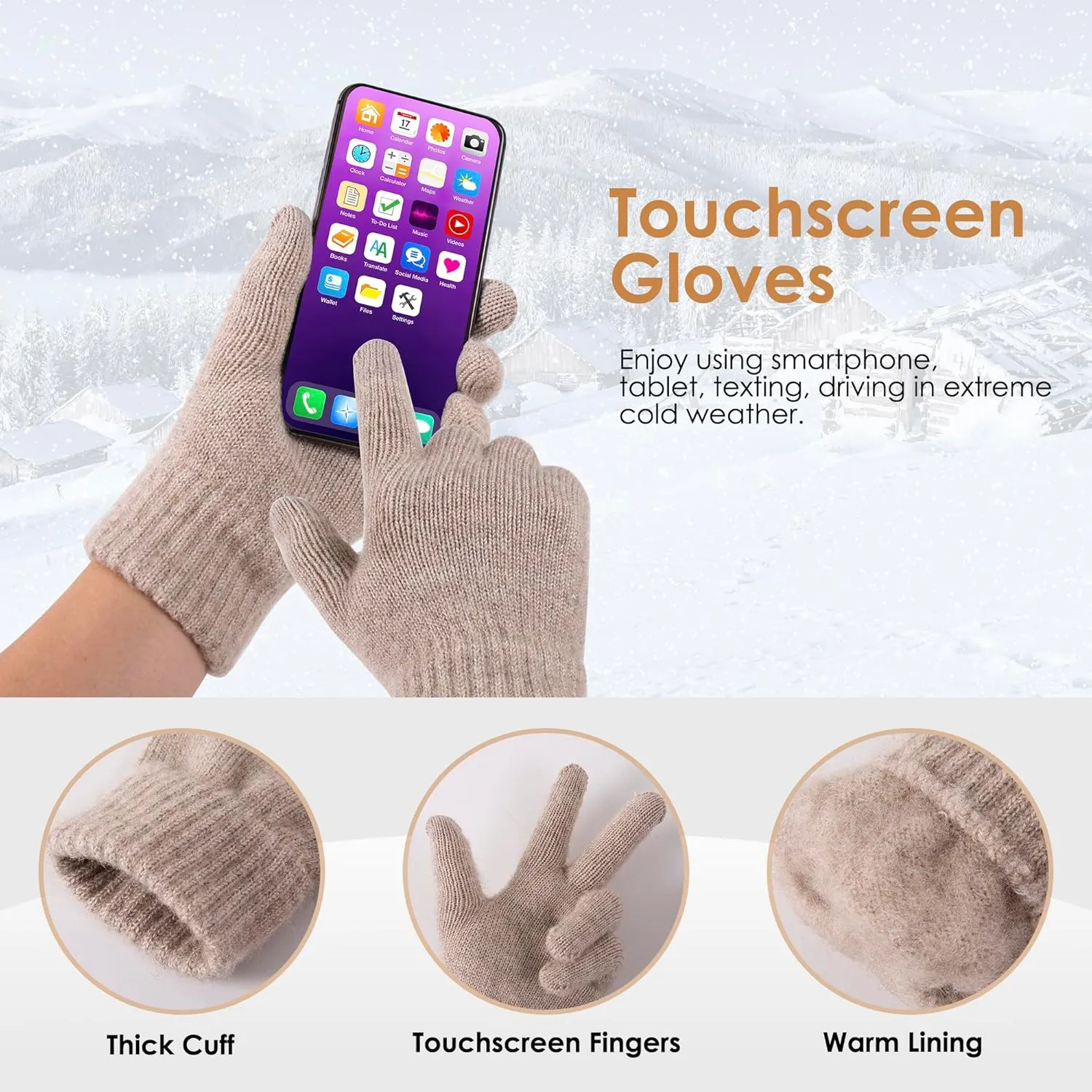 Womens Beanie Winter Hat Long Scarf Touchscreen Gloves Set Fleece Lined Skull Caps for Women Men