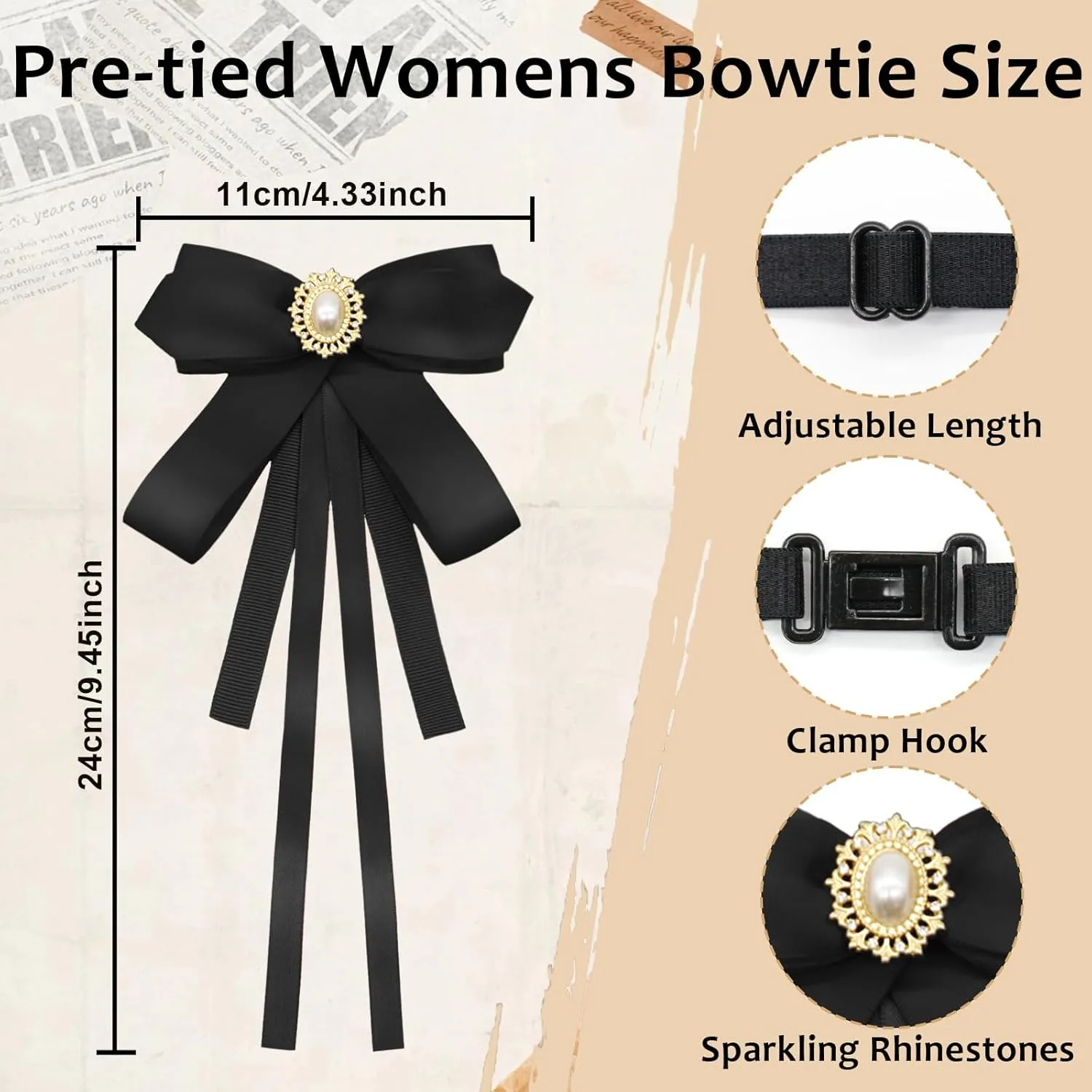 Womens Bow Tie, Clip on Bow Ties Pre Tied Bowtie for Women Girls Ribbon Rhinestone Bow Tie for Shirt Uniform Wedding