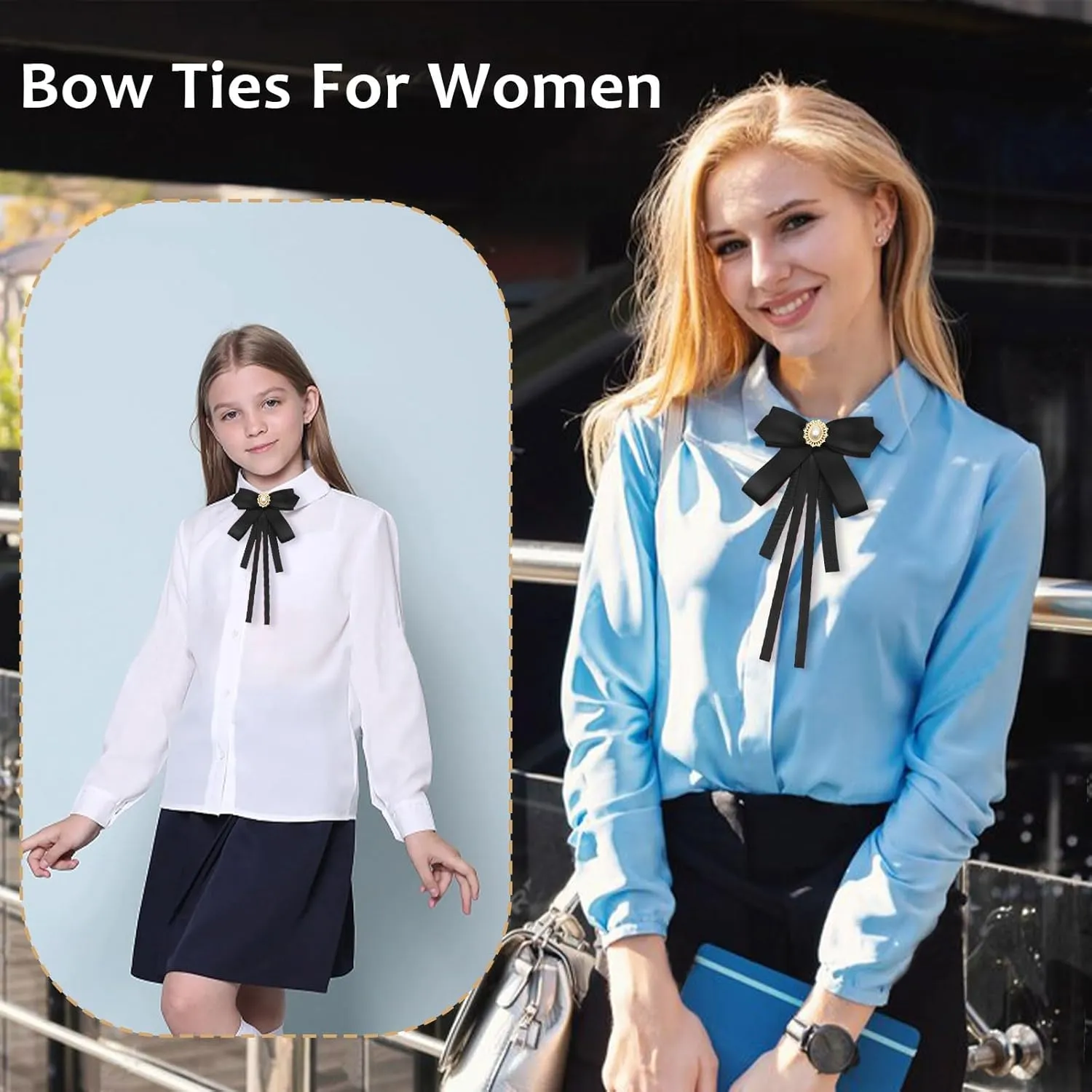 Womens Bow Tie, Clip on Bow Ties Pre Tied Bowtie for Women Girls Ribbon Rhinestone Bow Tie for Shirt Uniform Wedding