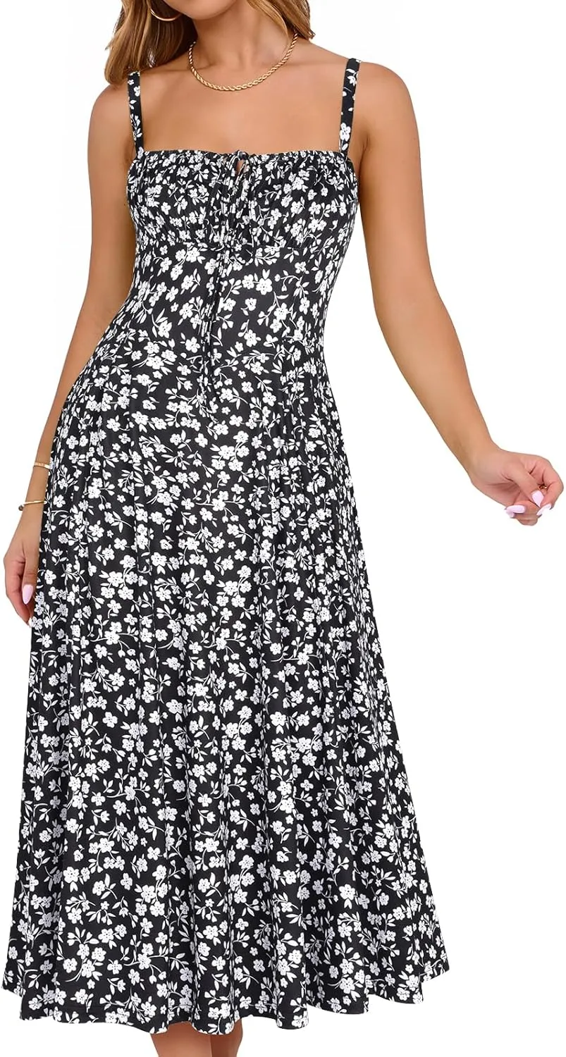 YATHON Women's Summer Midi Corset Boho Dresses Casual Floral Spaghetti Straps Lace Up Dress Flowy Aline Beach Sundress