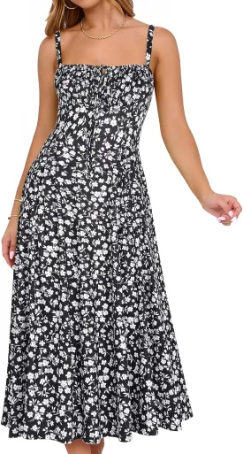 YATHON Women's Summer Midi Corset Boho Dresses Casual Floral Spaghetti Straps Lace Up Dress Flowy Aline Beach Sundress